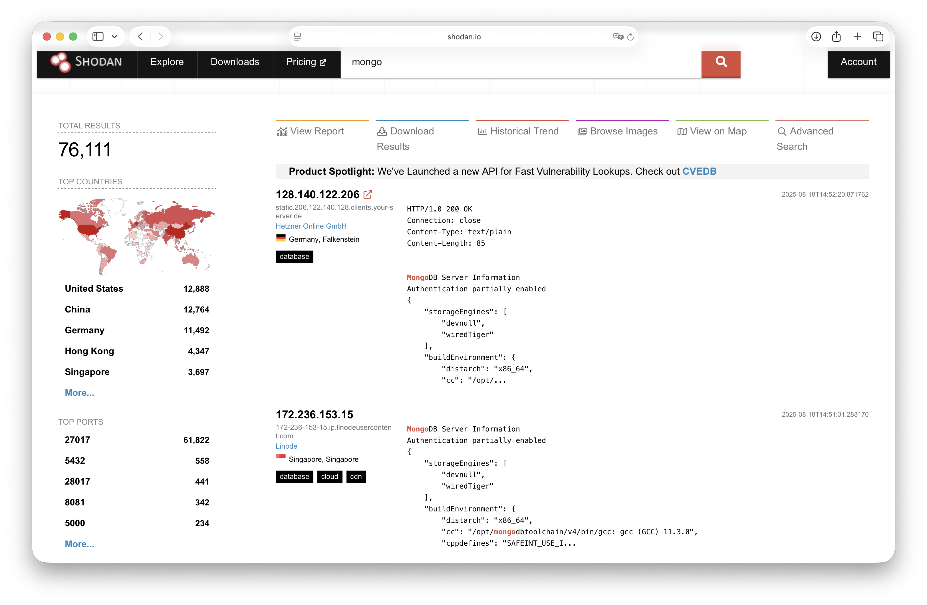 Búsqueda de mongo en shodan